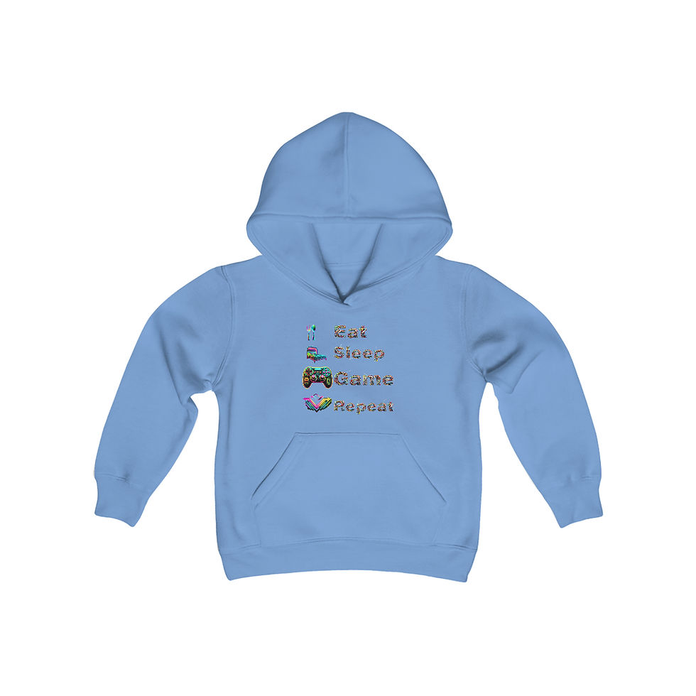 Thumbnail: Carolina Blue Eat Sleep Game Repeat Youth Kids Hooded Gaming Sweatshirt/ Hoodie in neon colors with a fun cable wire font.