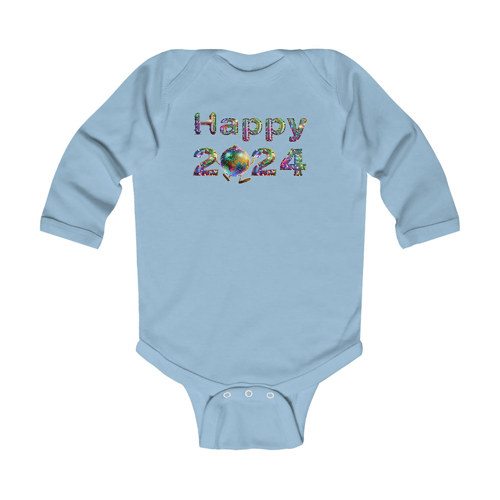 Thumbnail: Light Blue Happy 2024 Infant Baby Unisex Bodysuit/ Onesie with Multi-colored Faux Glitter Letters and a Dancing Globe