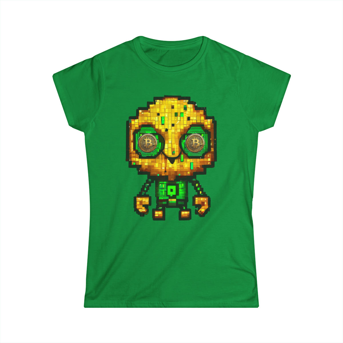 Irish Green BTC Bot (Bitcoin Bot) Women's Short Sleeve Shirt/ Tee/ T-shirt Featuring a Bitcoin Robot with Bitcoin Eyes