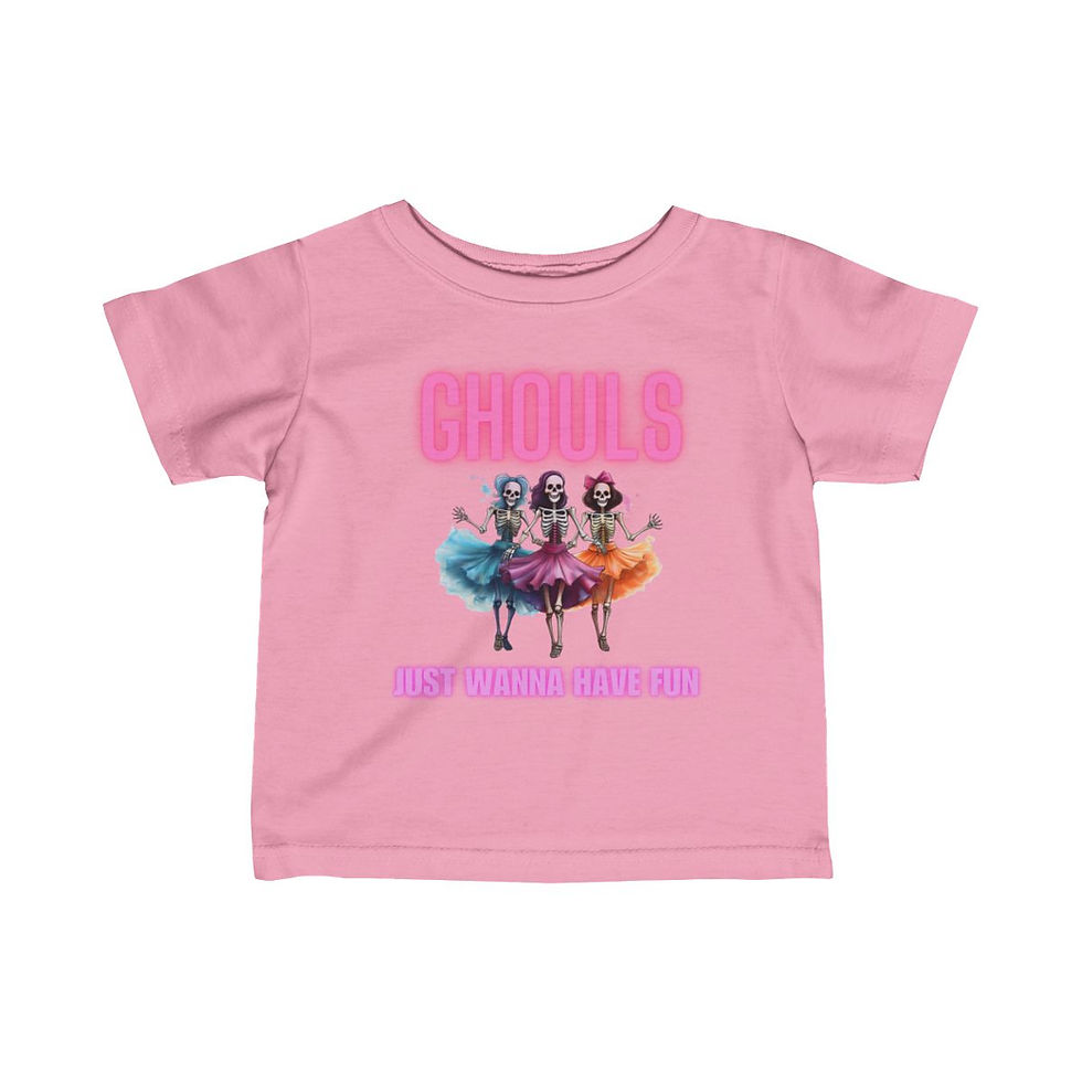 Thumbnail: Pink Ghouls Just Wanna Have Fun Infant Baby Short Sleeve Halloween Shirt/ Tee/ T-shirt Featuring Neon Font w/ Dancing Ghouls