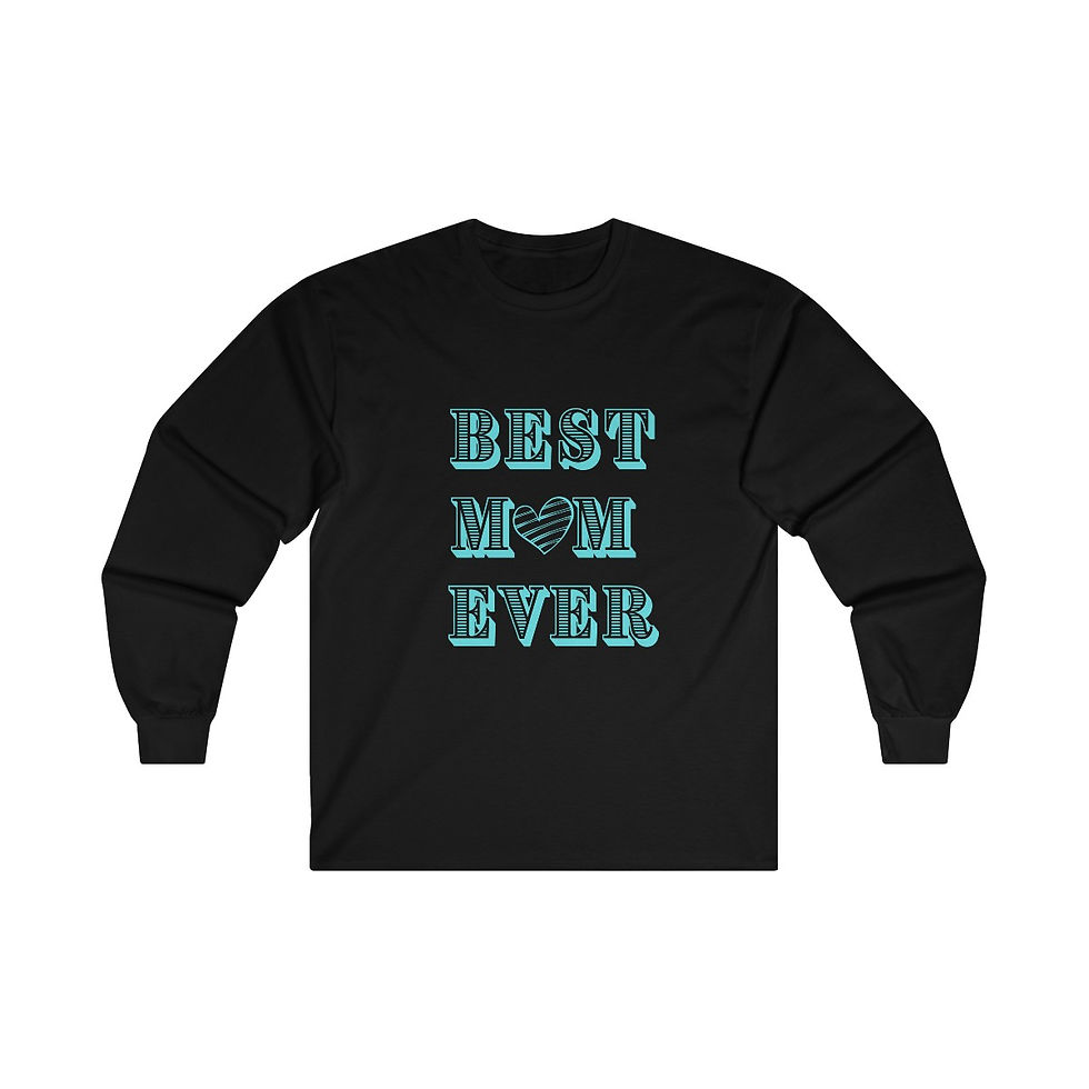 Thumbnail: Black Best Mom Ever Turquoise Heart Adult Cotton Long Sleeve Shirt/ Tee/ T-shirt Featuring a Turquoise Heart