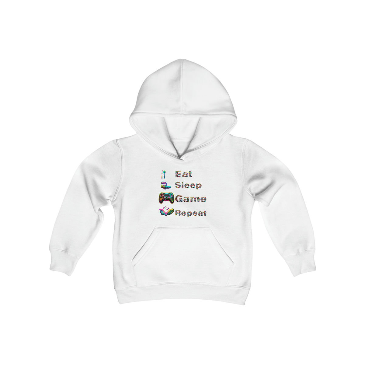 White Eat Sleep Game Repeat Youth Kids Hooded Gaming Sweatshirt/ Gaming Hoodie in neon colors with a fun cable wire font.
