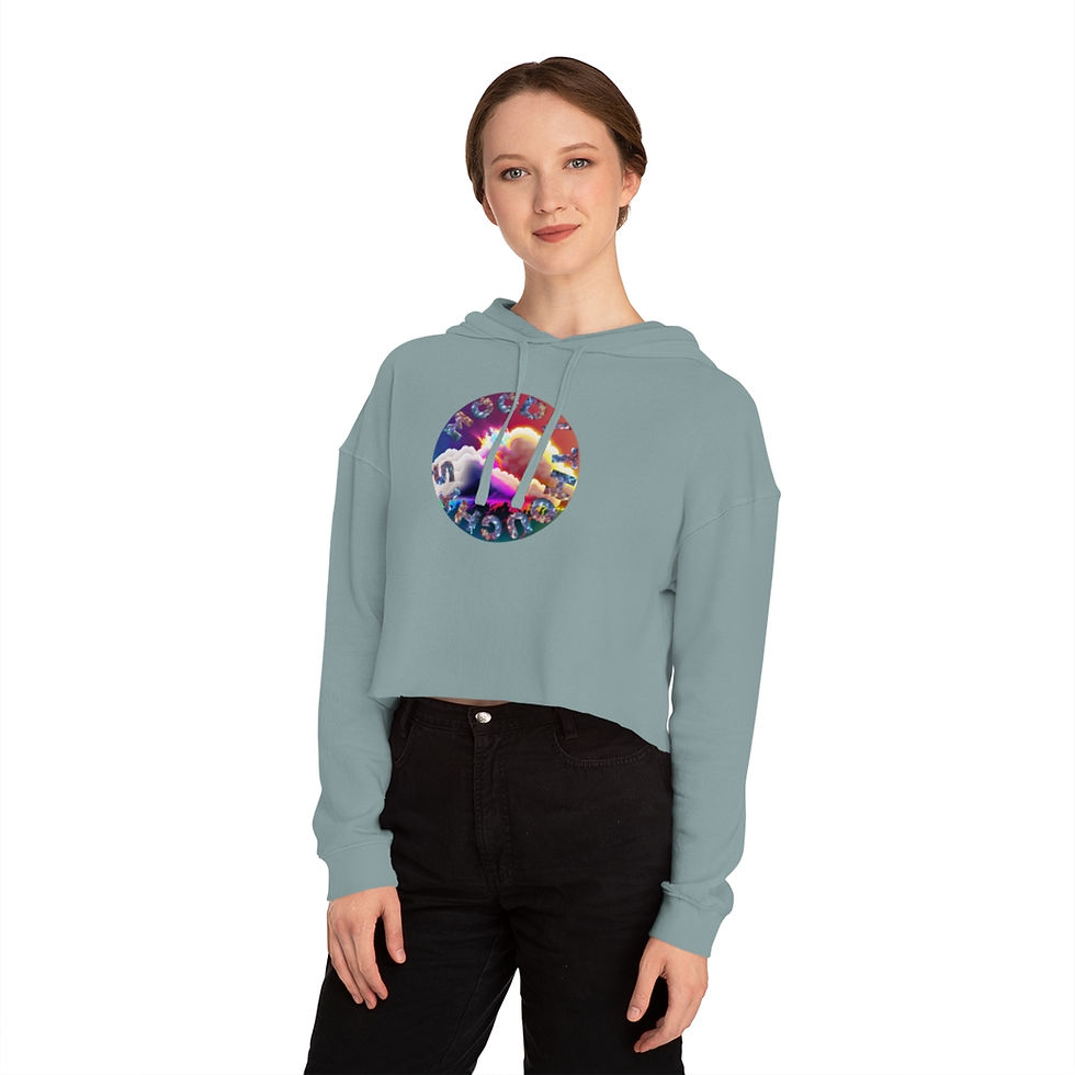 Thumbnail: Sage Green Moody Thoughts Storm Clouds Women's Cropped Hoodie Features Rainbow Storm Clouds with Galaxy Font