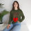 Thumbnail: Military Green My Husband has a Heart On for Me Adult Unisex Crewneck Sweatshirt with Red Heart and Red Font Style