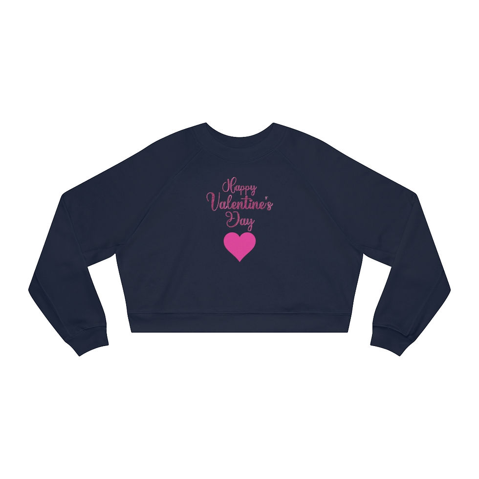 Thumbnail: Navy Blue Happy Valentine's Day Women's Cropped Fleece Sweatshirt with Pink Heart and Pink Font