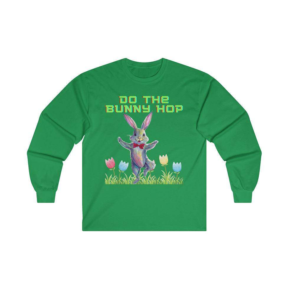 Thumbnail: Irish Green Do The Bunny Hop Easter Bunny Adult Long Sleeve Shirt/ Tee Features Easter Bunny Dancing in a Field of Tulips