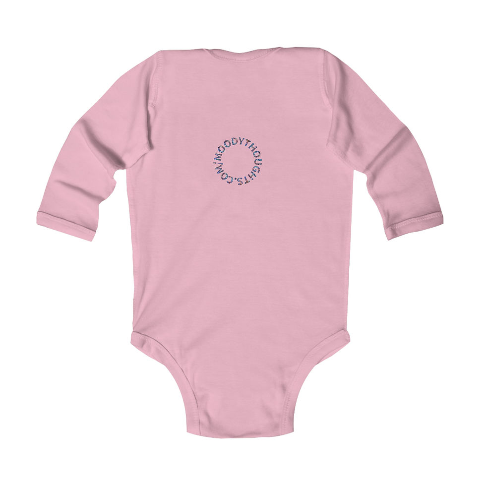 Thumbnail: Pink Moody Thoughts Purple Galaxy Infant Baby Unisex Long Sleeve Onesie the Back has MoodyThoughts.com