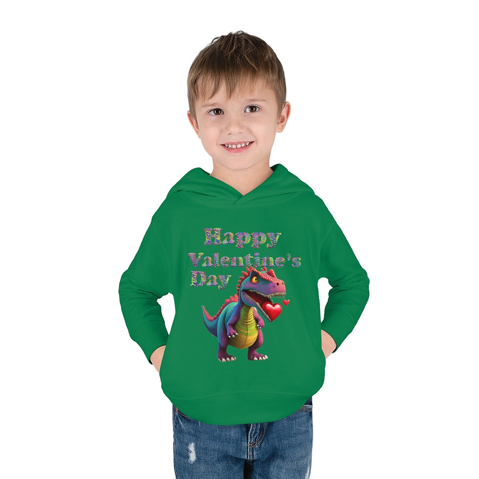Thumbnail: Kelly Green Happy Valentine's Day Dinosaur Toddler Unisex Hoodie has a neon dinosaur with a heart in his mouth.