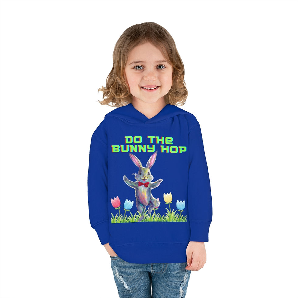 Thumbnail: Royal Blue Do the Bunny Hop Easter Bunny Toddler Hoodie Features Easter Bunny Dancing in a Field of Tulips with Green Letters