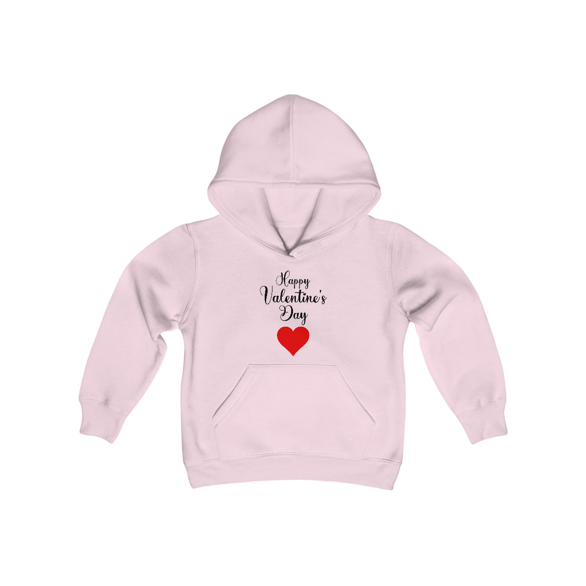 Light Pink Happy Valentine's Day Red Heart Youth Kid's Hoodie with a Black Font Style.