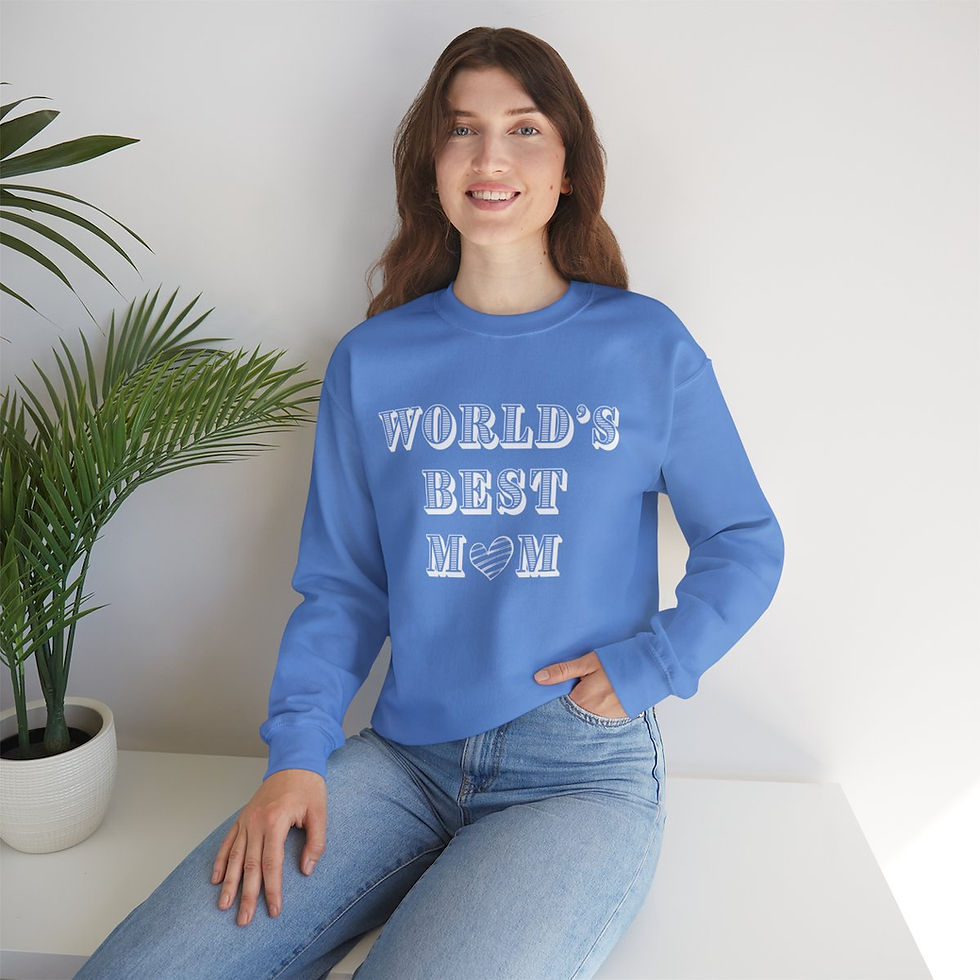 Thumbnail: Carolina Blue World's Best Mom White Heart Adult Crewneck Sweatshirt Featuring a White Heart and Letters that Pop