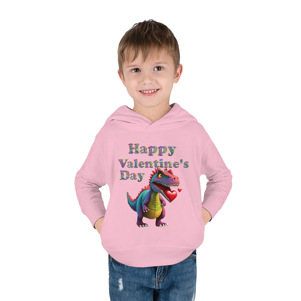 Thumbnail: Pink Happy Valentine's Day Dinosaur Toddler Unisex Hoodie has a neon dinosaur with a heart in his mouth.
