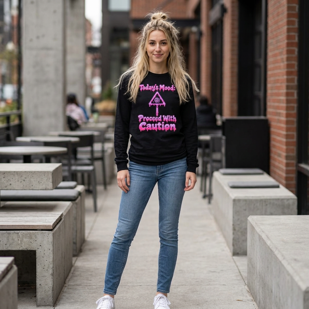 Today's Mood Proceed with Caution Melting Smiley Face Adult Long Sleeve Tee