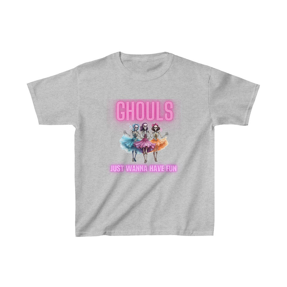 Thumbnail: Sport Grey Ghouls Just Wanna Have Fun Kids Short Sleeve Halloween Shirt/ Tee/ T-shirt Featuring Neon Font with Dancing Ghouls