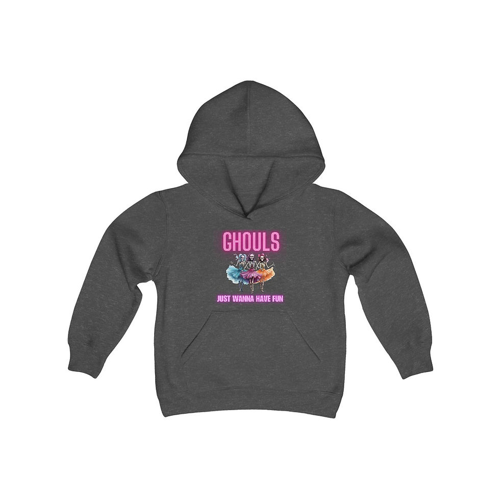 Thumbnail: Dark Heather Grey Ghouls Just Wanna Have Fun Youth Kids Hooded Sweatshirt/ Hoodie Features Dancing Ghouls w/ Neon Pink Font