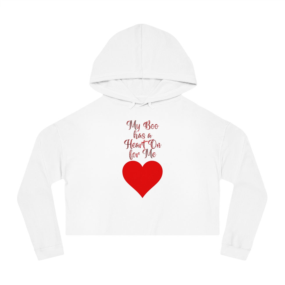 Thumbnail: White My Boo has a Heart On For Me Women's Cropped Hoodie with a Red Font Style and a Red Heart Graphic.