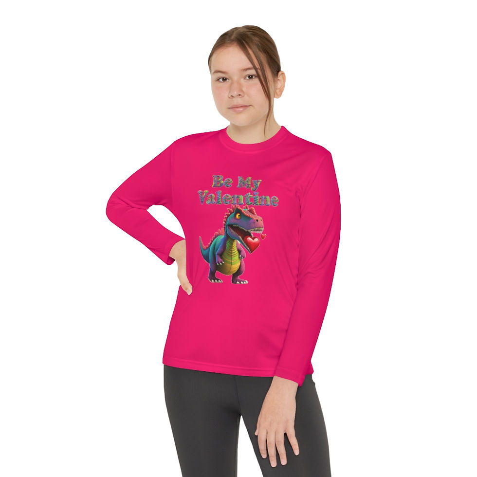 Thumbnail: Pink Raspberry Be My Valentine Dinosaur Youth Kid's Unisex Shirt/ T-shirt/ Tee has a neon dinosaur with a heart in his mouth.