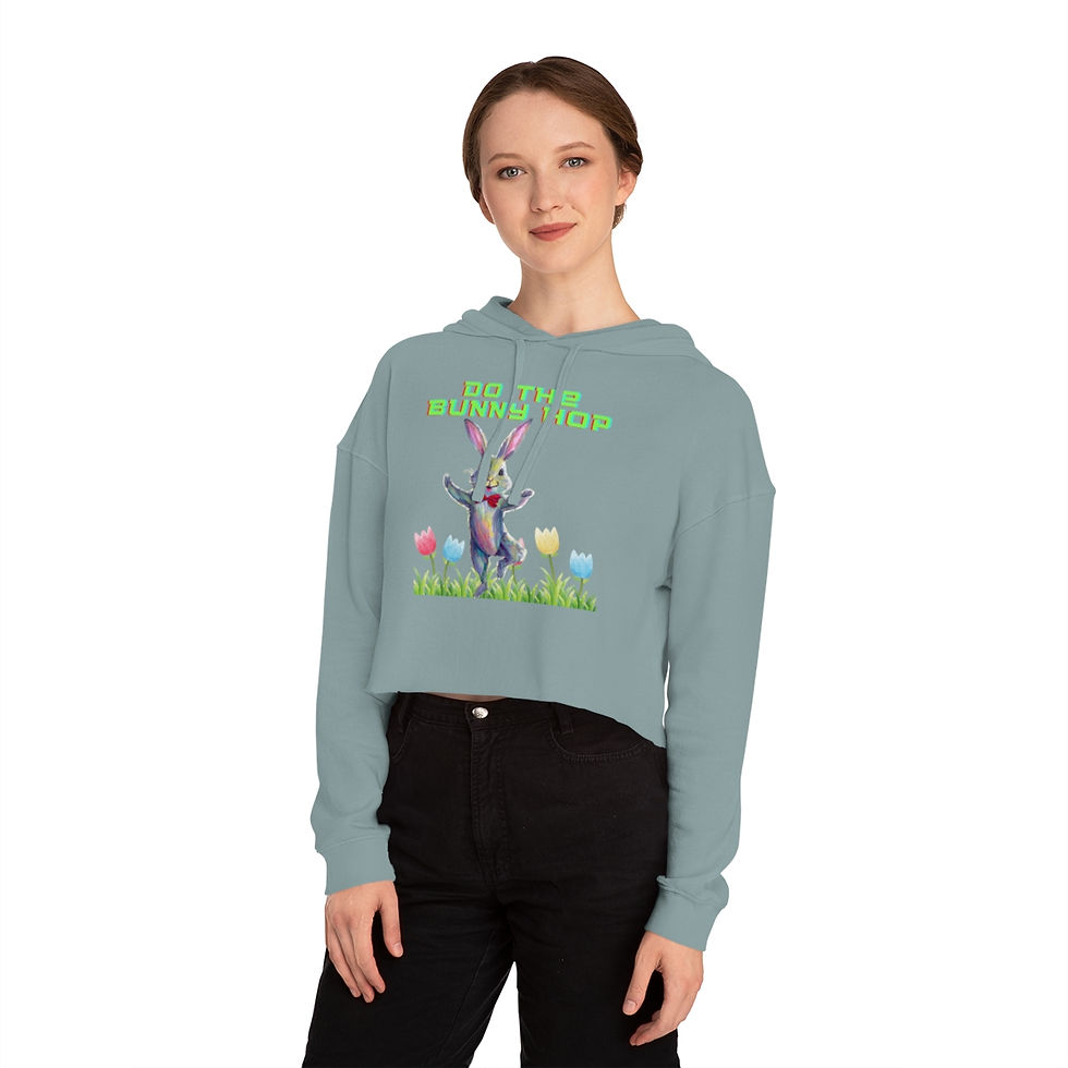 Thumbnail: Sage Green Do the Bunny Hop Women's Cropped Hoodie Featuring the Easter Bunny Dancing in Tulips with Green Letters