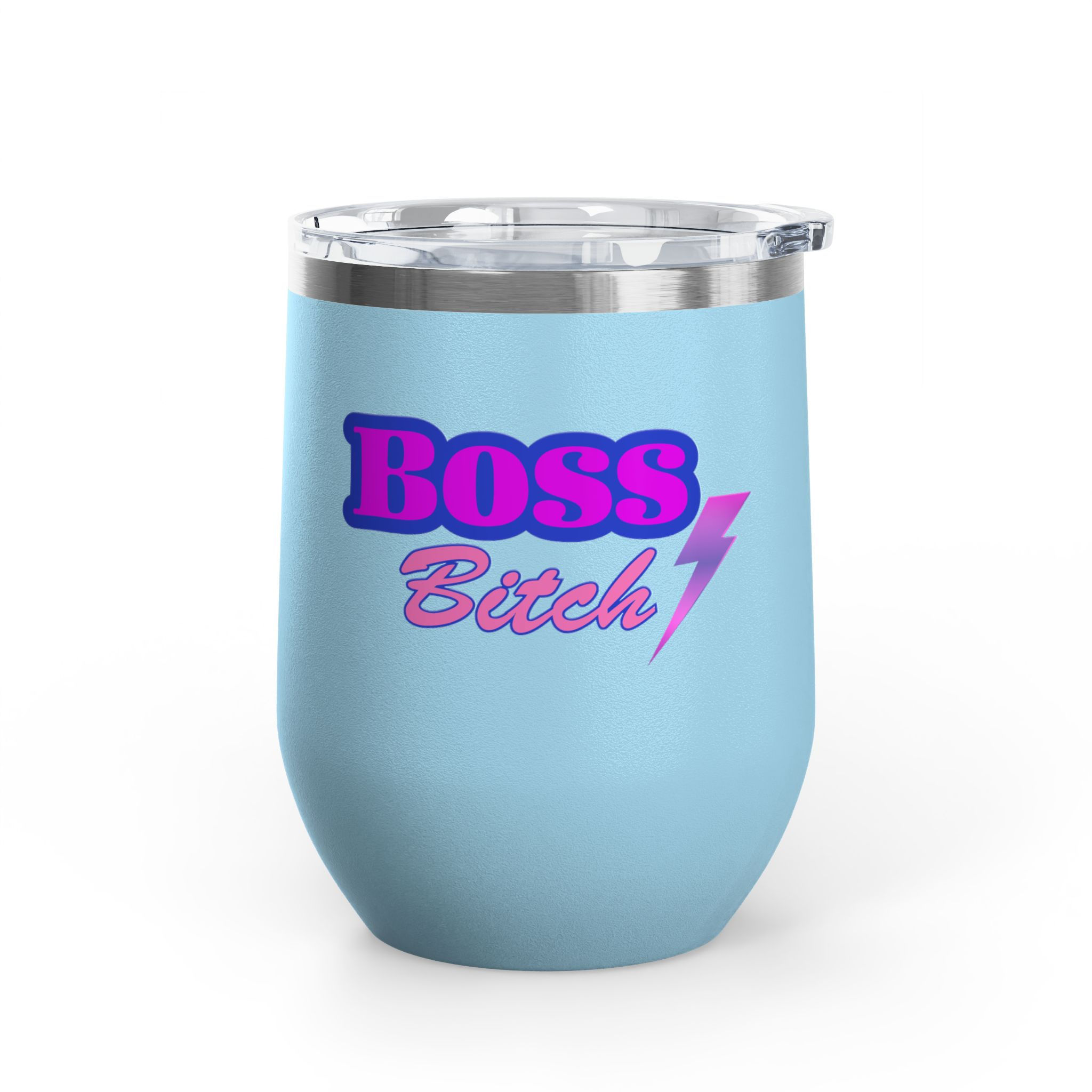 Light Blue Boss Bitch Purple / Pink Fonts Wine Tumbler 12oz with Lightning Bolt Graphic