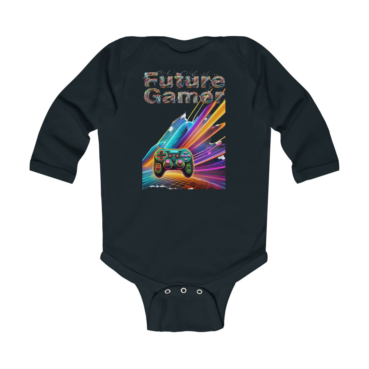 Black Future Gamer Infant Baby Long Sleeve Gaming Bodysuit/ Gaming Onesie in neon colors with a fun cable wire font.