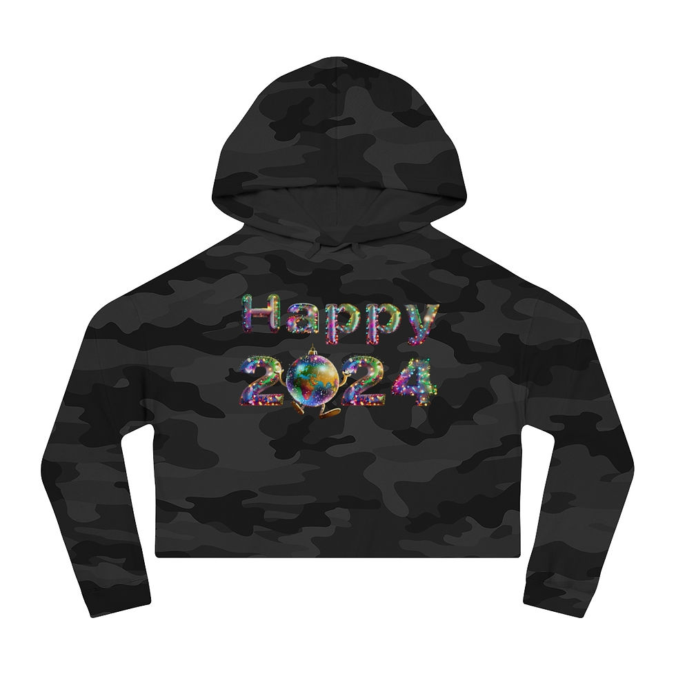 Thumbnail: Black Camo Happy 2024 Women's Cropped Hooded Sweatshirt/ Hoodie has Wide Neon Letters with a Dancing Globe