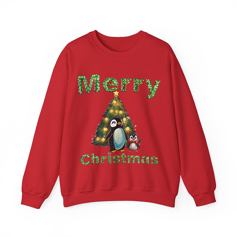 Thumbnail: Red Merry Christmas Penguins Adult Long Sleeve Crewneck Sweatshirt Features Penguins Standing in Front of Christmas Tree