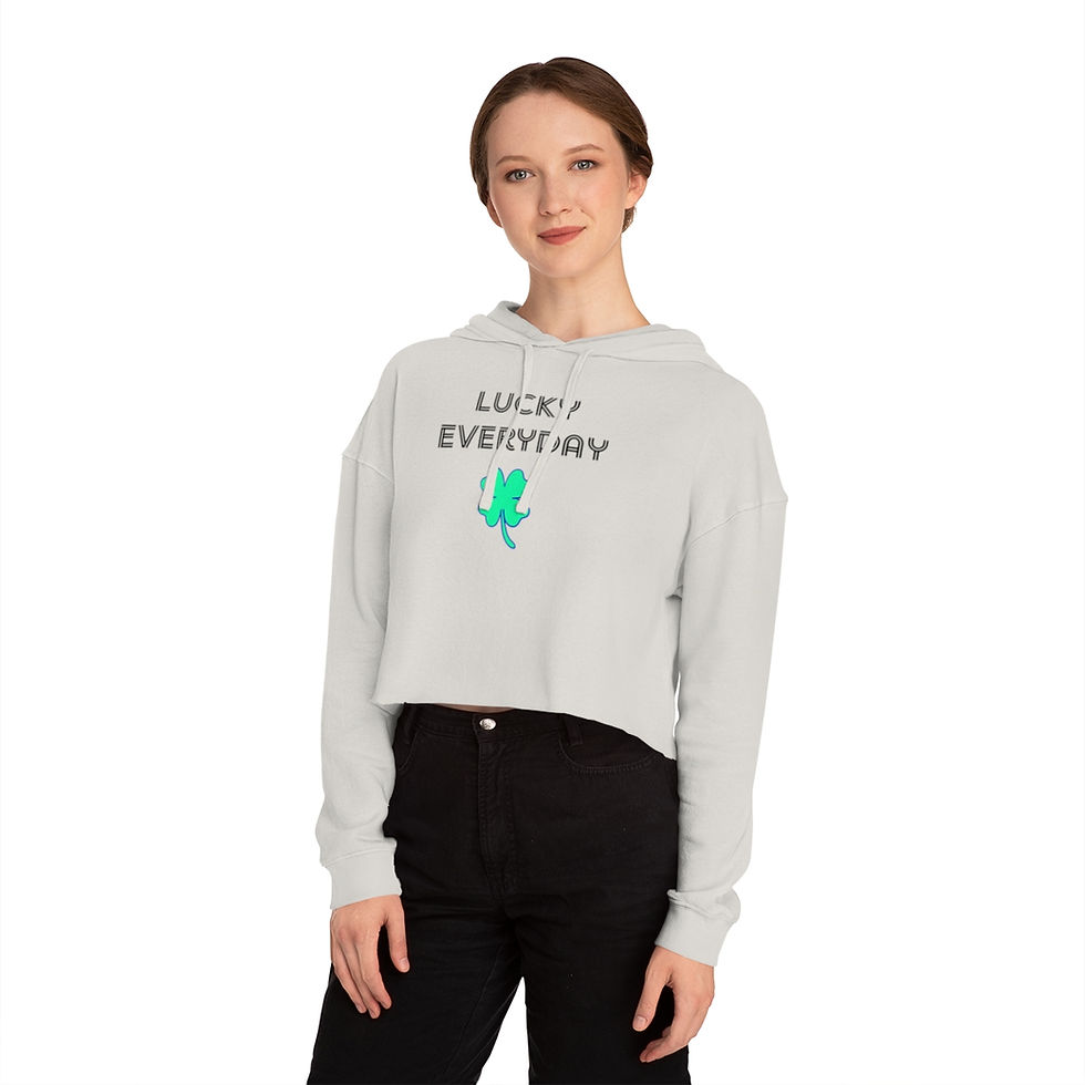 Thumbnail: Bone Ivory Lucky Everyday Women's Cropped Hooded Sweatshirt/ Hoodie with Black Letters and a Blue and Green Shamrock Design