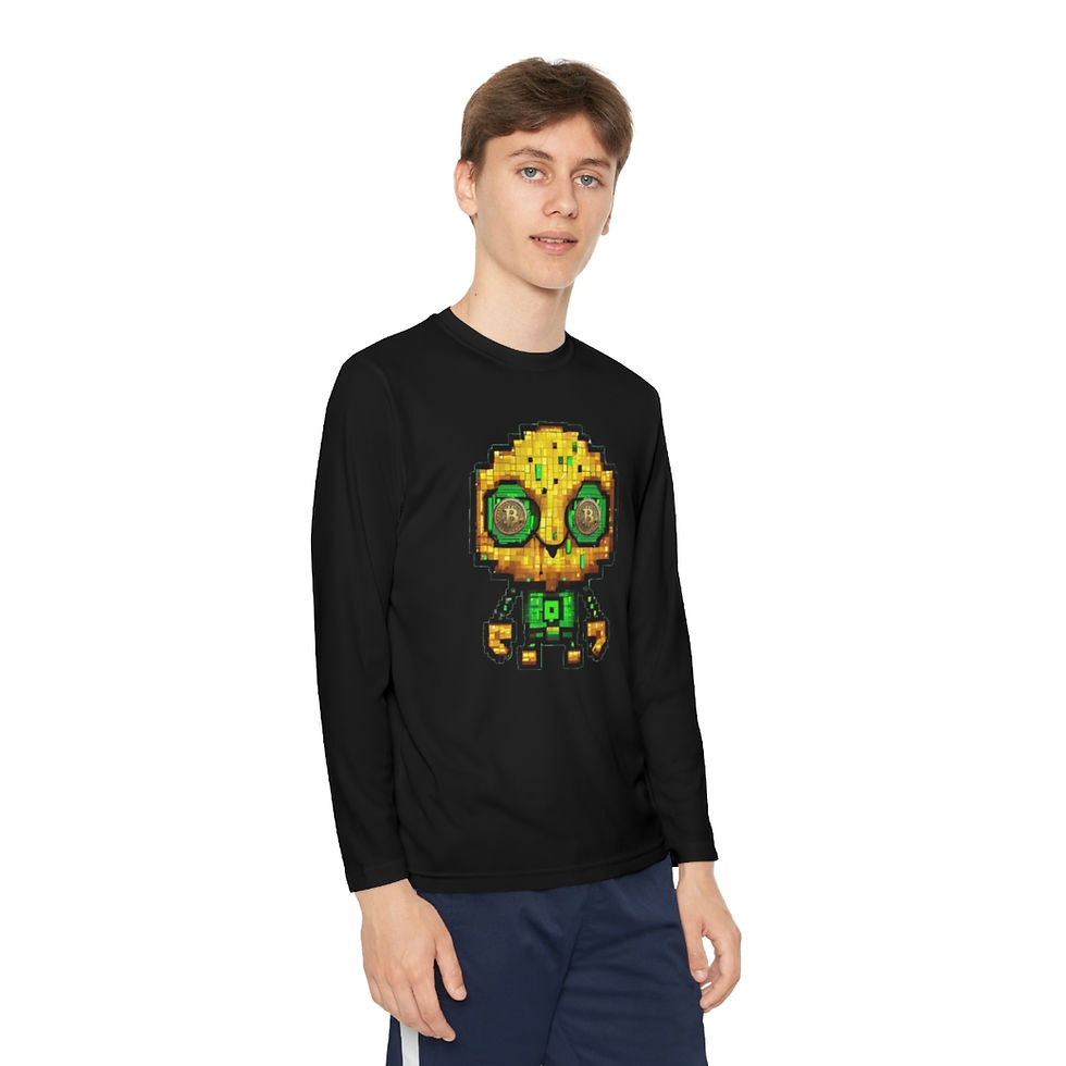 Thumbnail: Black BTC Bot (Bitcoin Bot) Youth Kid's Unisex Long Sleeve Shirt/ Tee/ T-shirt Features BTC Robot w/ BTC Coin Eyes
