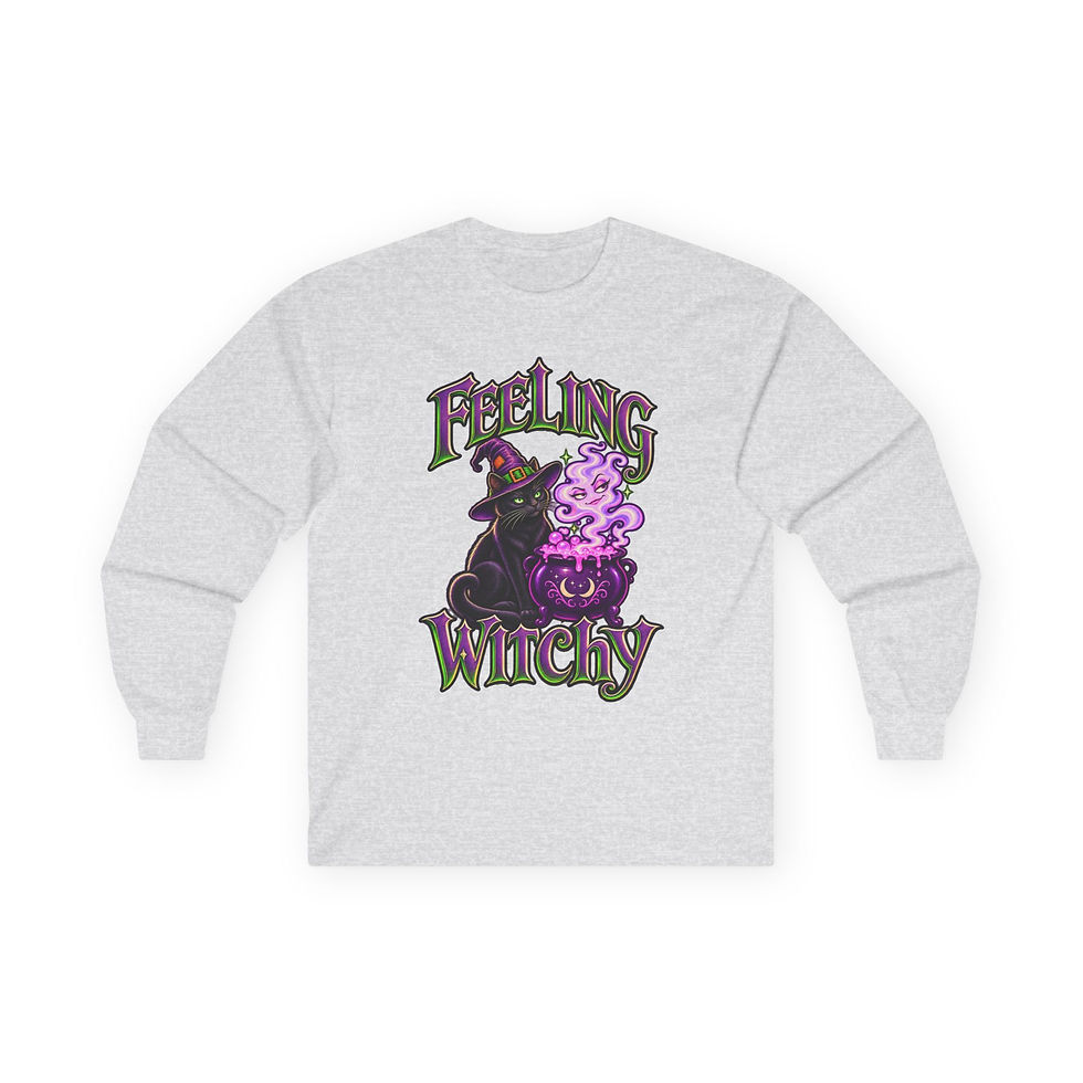 Thumbnail: Feeling Witchy Black Cat Adult Long Sleeve Halloween Cotton T-shirt