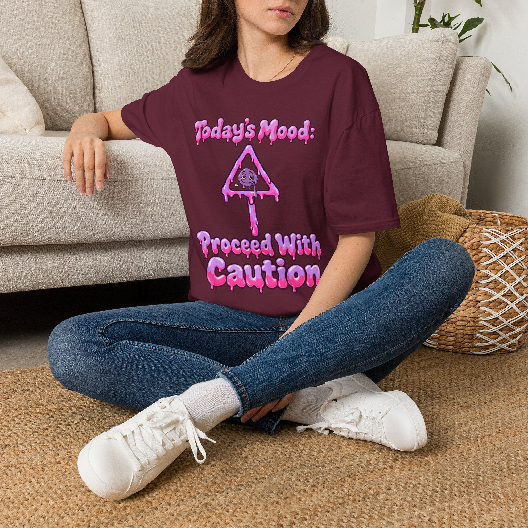 Today's Mood Proceed With Caution Melting Smiley Face Adult Short Sleeve Tee