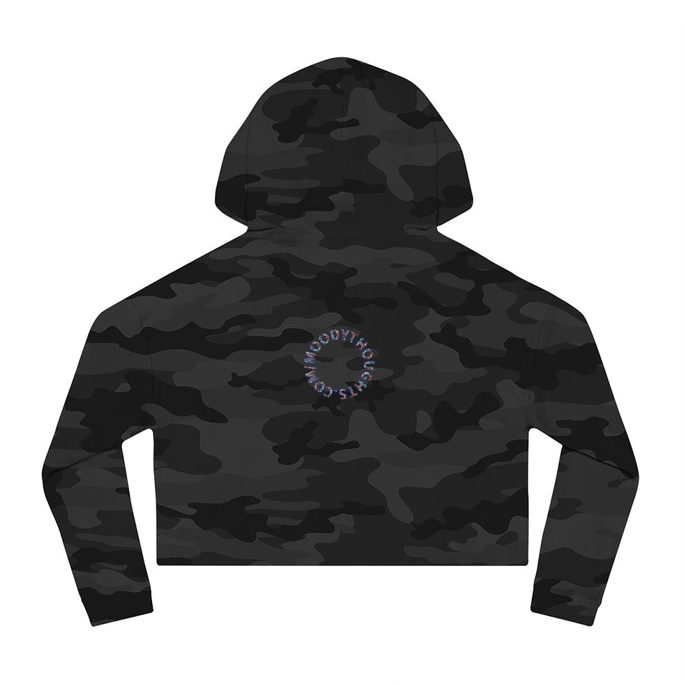Thumbnail: Black Camo Moody Thoughts Storm Clouds Women's Cropped Hoodie the Back has MoodyThoughts.com