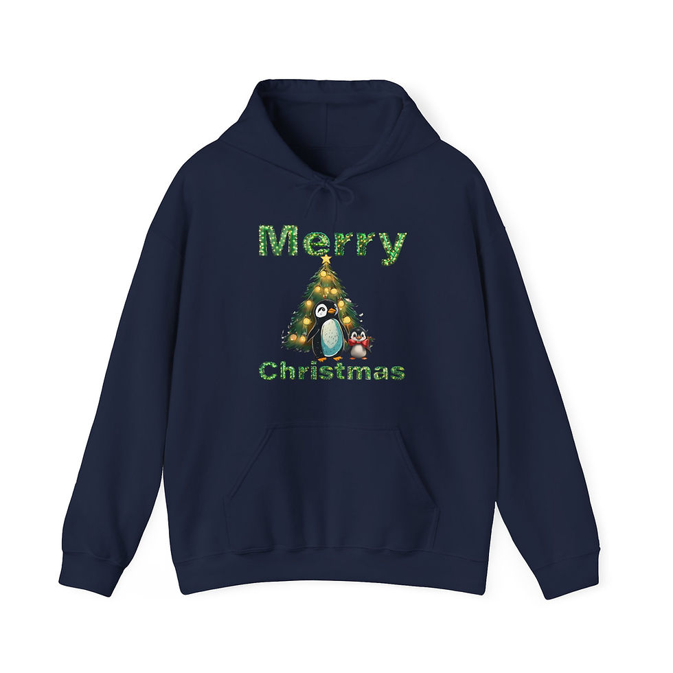 Thumbnail: Navy Blue Merry Christmas Penguins Adult Hooded Sweatshirt/ Hoodie Features Penguins Standing in Front of Christmas Tree