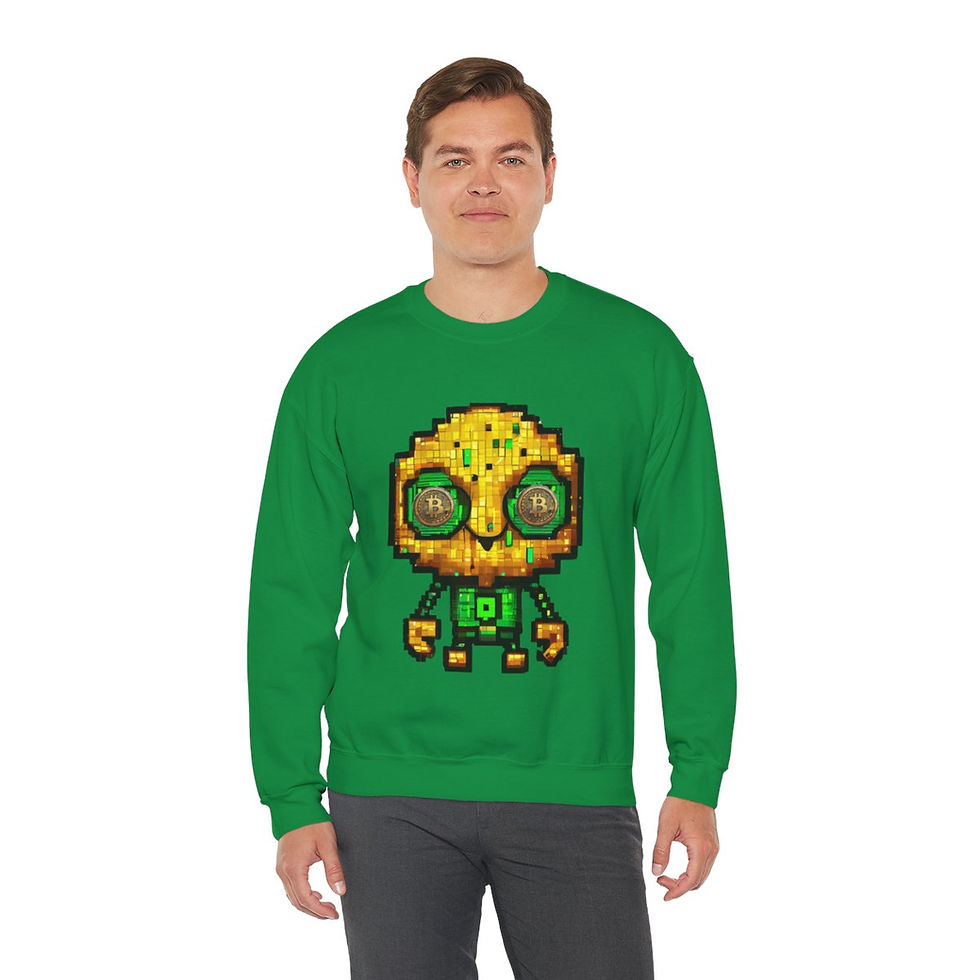 Thumbnail: Irish Green BTC Bot (Bitcoin Bot) Adult Unisex Crewneck Sweatshirt Features BTC Robot with BTC Coin Eyes