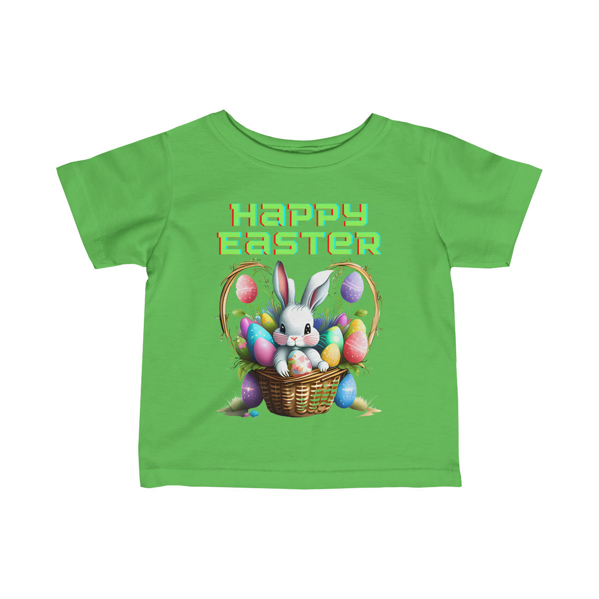 Apple Green Happy Easter Bunny Basket Infant Baby Short Sleeve Onesie has Bunny in Basket Full of Painted Easter Eggs
