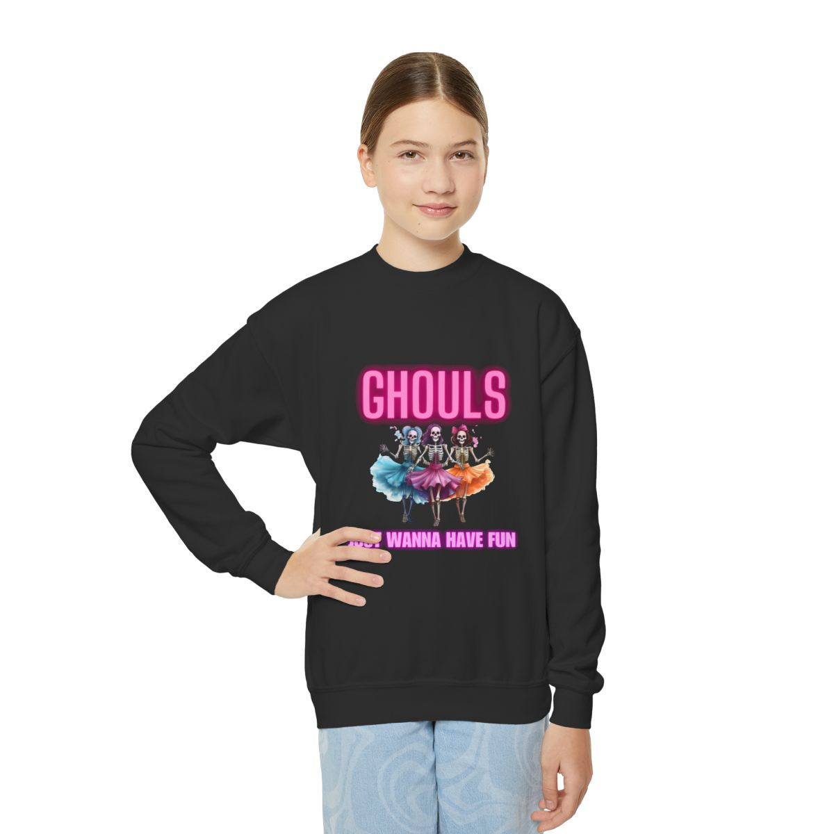 Black Ghouls Just Wanna Have Fun Youth Kids Unisex Crewneck Halloween Sweatshirt Features Dancing Ghoul Skeletons