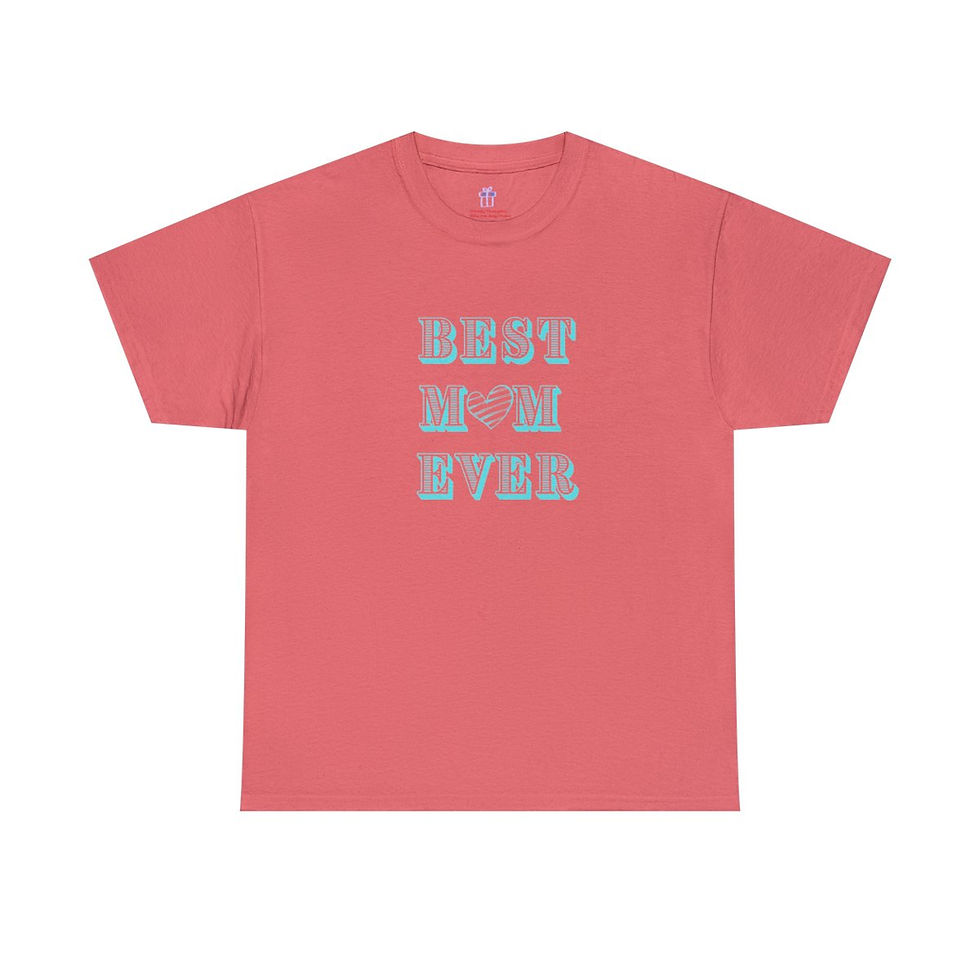 Thumbnail: Coral Silk Peach Best Mom Ever Turquoise Heart Adult Cotton Short Sleeve Shirt/ Tee/ T-shirt the Back has MoodyThoughts.com