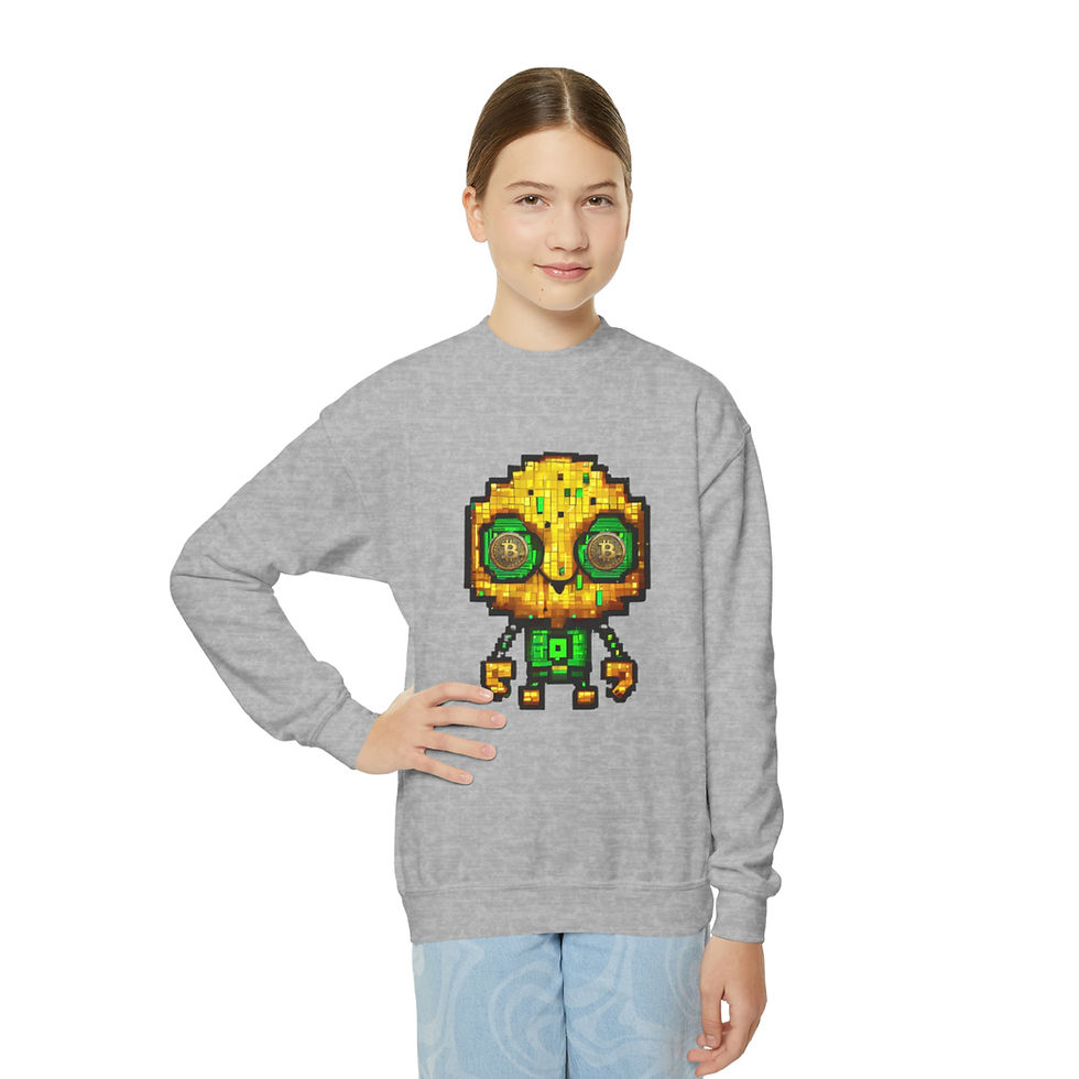 Thumbnail: Sport Gey BTC Bot (Bitcoin Bot) Youth Kid's Unisex Crewneck Sweatshirt Features BTC Robot with BTC Coin Eyes