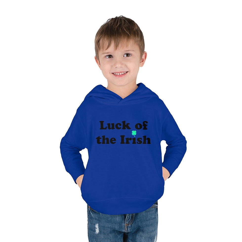 Thumbnail: Royal Blue Luck of the Irish 2 Shamrock Toddler Unisex Hoodie has a Blue & Green Clover with Wide Black Letters