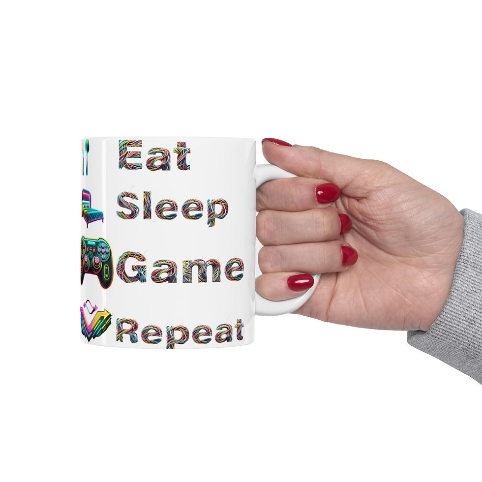 Thumbnail: White Eat Sleep Game Repeat Ceramic 11 oz Mug  Design is Double Sided Featuring Neon Colors and Fun Cable Wire Font