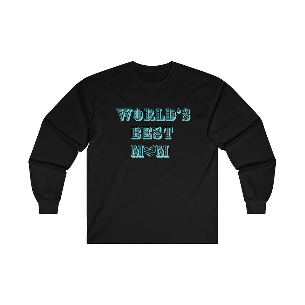 Thumbnail: Black World's Best Mom Turquoise Heart Adult Cotton Long Sleeve Shirt/ Tee/T-shirt Featuring a Turquoise Heart & Letters