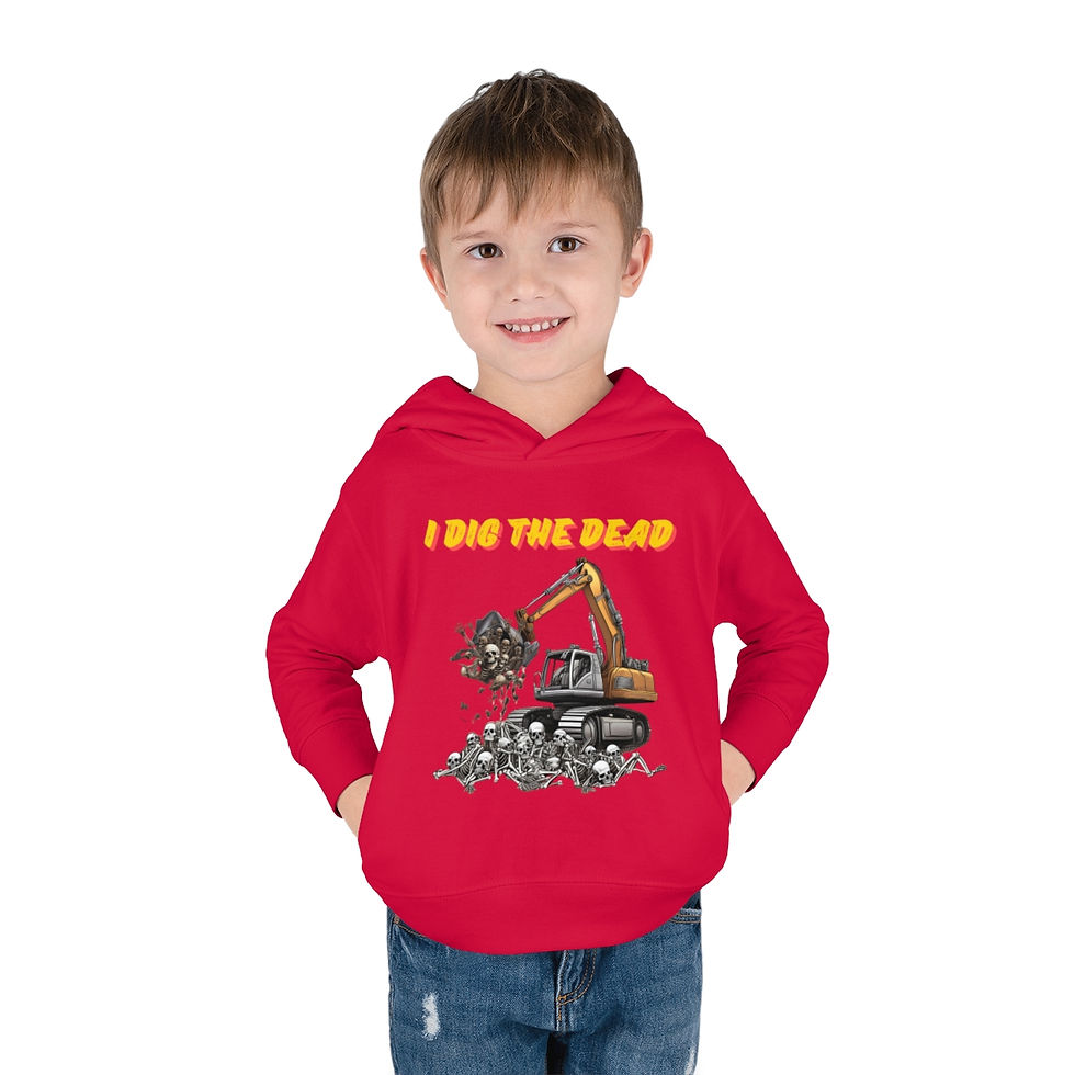 Thumbnail: Red I Dig The Dead Toddler Unisex Halloween Hooded Sweatshirt/ Halloween Hoodie Features an Excavator Digging Skeletons