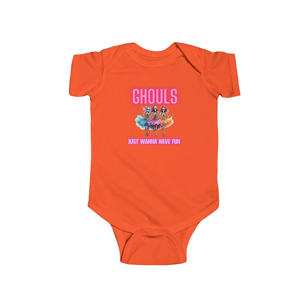 Thumbnail: Orange Ghouls Just Wanna Have Fun Infant Baby Short Sleeve Halloween Bodysuit/ Onesie Neon Font w/ Dancing Ghouls