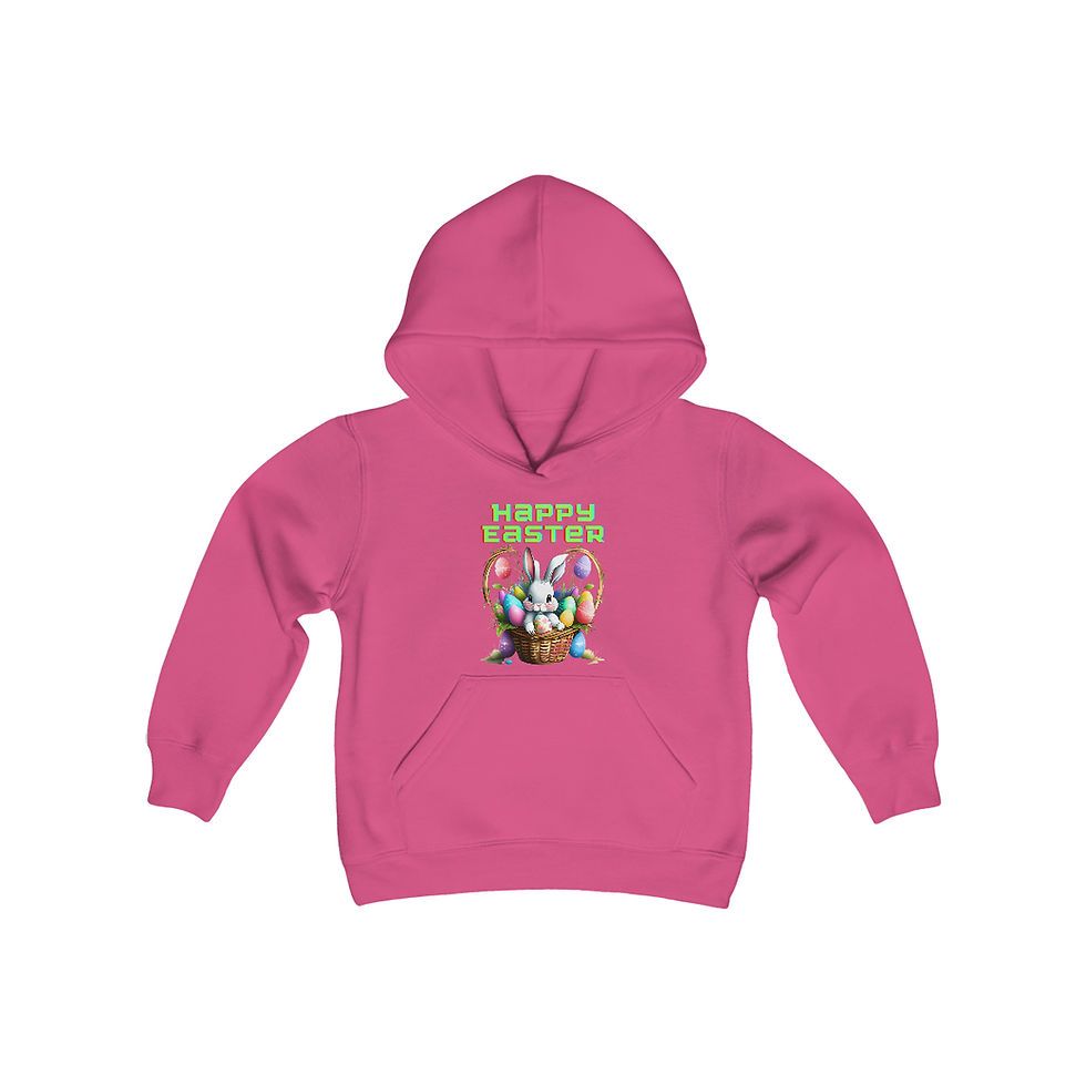 Thumbnail: Heliconia Pink Happy Easter Bunny Basket Youth Kid's Long Sleeve Hoodie has a Bunny In a Basket Full Of Painted Easter Eggs