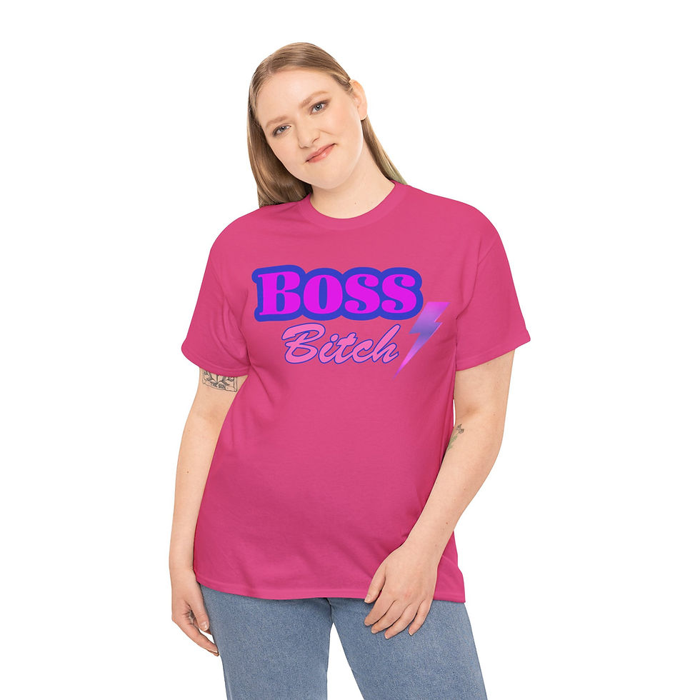 Thumbnail: Heliconia Pink Boss Bitch Purple Adult Cotton Short Sleeve Tee/ T-Shirt/ Shirt with Purple & Pink Fonts & Lightning Bolt