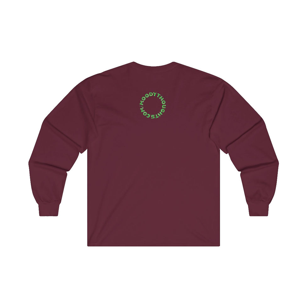 Thumbnail: Maroon Merry Christmas Penguins Adult Unisex Long Sleeve Shirt/ Tee the Back has Moody Thoughts