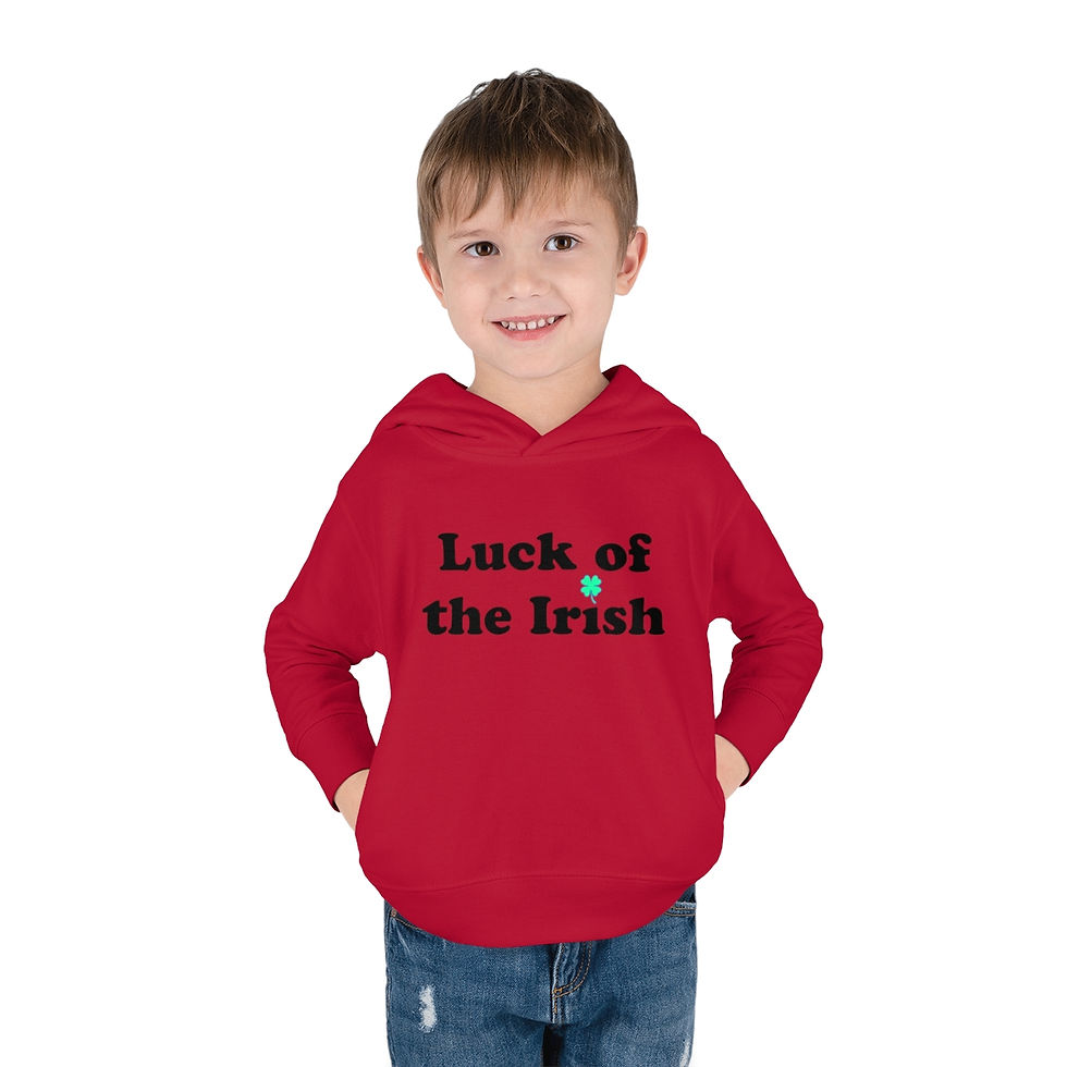 Thumbnail: Vintage Red Luck of the Irish 2 Shamrock Toddler Unisex Hoodie has a Blue & Green Clover with Wide Black Letters