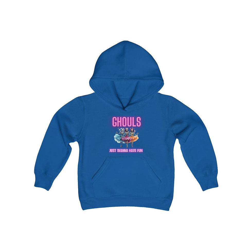 Thumbnail: Royal Blue Ghouls Just Wanna Have Fun Youth Kids Hooded Sweatshirt/ Halloween Hoodie Features Dancing Ghouls w/ Neon Pink