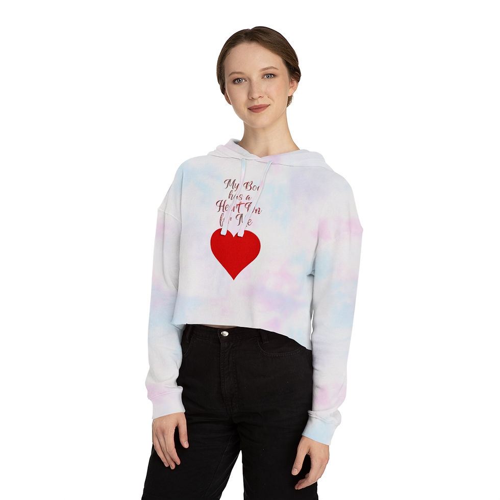 Thumbnail: Tie-dye Cotton Candy My Boo has a Heart On For Me Women's Cropped Hoodie with a Red Font Style and a Red Heart Graphic.