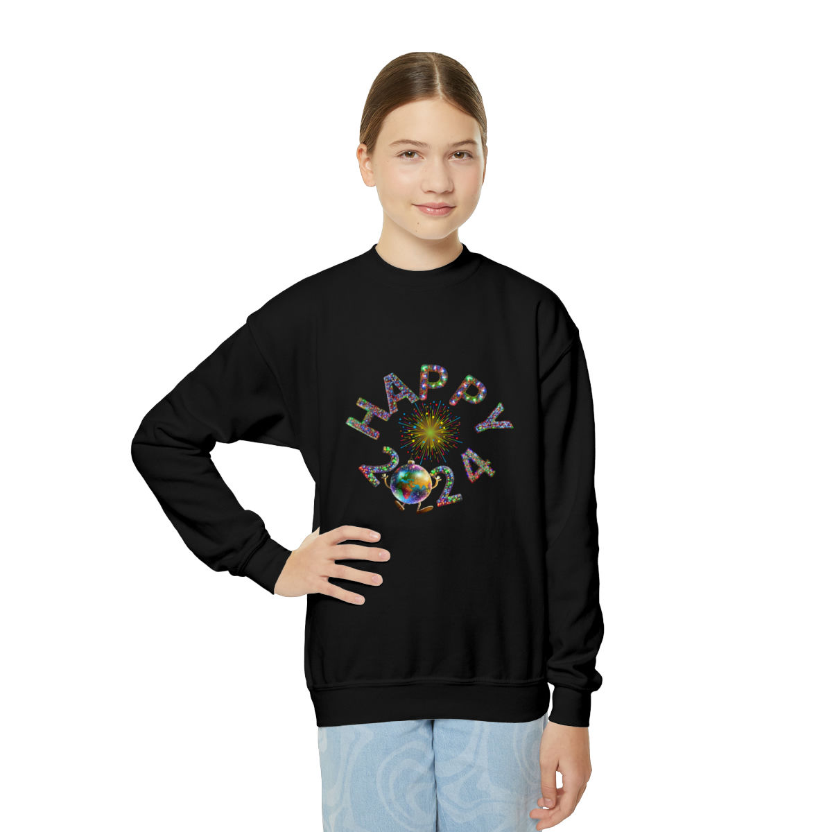 Black Happy 2024 Youth Kids Unisex Long Sleeve Sweatshirt Featuring Circle graphic with Fireworks and a Dancing Globe