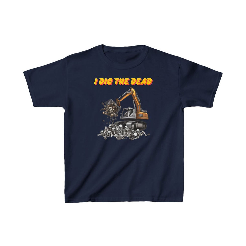 Thumbnail: Navy Blue I Dig The Dead Kids Short Sleeve Halloween Tee/ Shirt/ T-shirt Features an Excavator Digging Skeletons